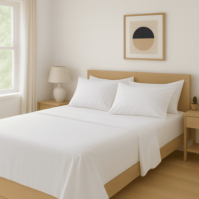 Comfy Bamboo World Series 90gsm 4pc Microfiber Bedsheets Sheet Set in white, displayed on a twin-size bed in a minimalist bedroom. The set includes a fitted sheet, flat sheet, and two matching pillowcases. Made from ultra-soft microfiber, the sheets are wrinkle-free and designed for comfort and durability. The bed is styled with light wood furniture and neutral decor, creating a cozy and inviting atmosphere.