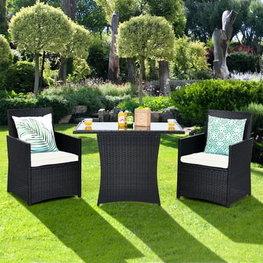 Patiojoy Ensemble de Salle à Manger en Rotin pour Patio 3 Pcs Ensemble de Meubles Gain de Place avec Table à Dessus en Verre Trempé et Chaises Rembourrées