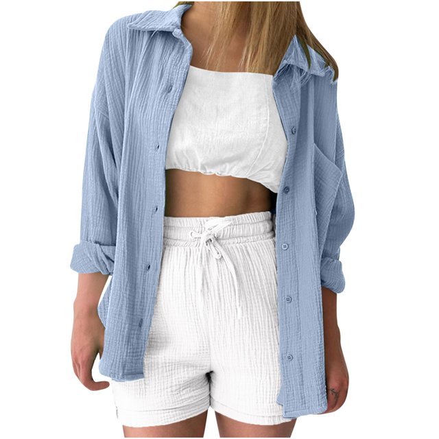Timegard Tops for Women Lapel Neck Long Sleeve Button up Shirts Solid Color Fall Casual Loose Blouse