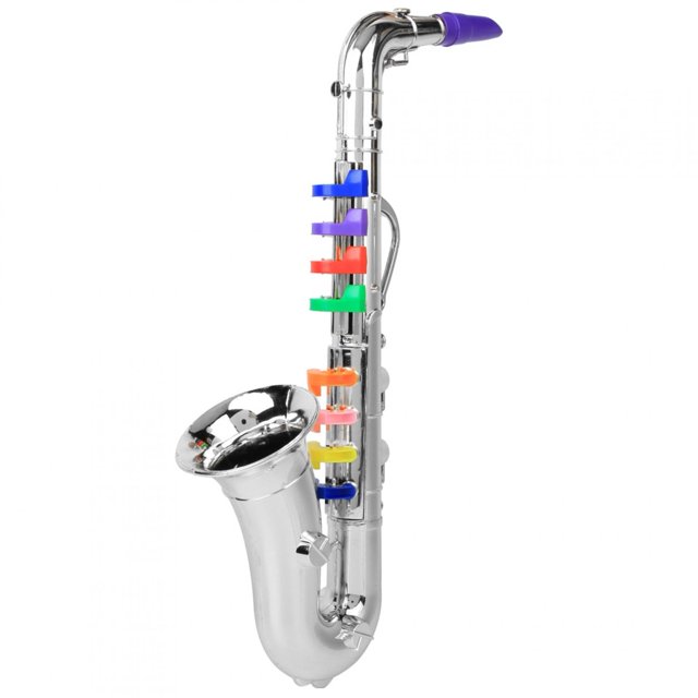 Saxophone pour Enfant, Instrument de Musique Saxophone, Modèle de Saxophone pour Enfant Passionné Argent. un Jouet Saxophone en Plastique Argent Conçu pour les Enfants, avec 8 Touches Codées par Couleur Qui Produisent des notes Distinctes. les Touches Permettent aux Enfants de Jouer des Chansons Imprimées à l'Arrière du Jouet, Encourageant la Créativité et l'Exploration Musicale. le Saxophone A une Finition Argentée Brillante avec un Embouchure Violette et Est Léger pour une Prise en Main Facile.