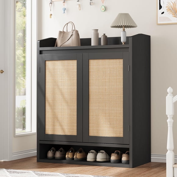TROPOW Armoire de Rangement pour Chaussures, avec 2 Portes, Armoire de Rangement pour Chaussures à 5 Niveaux avec Tablettes Ajustables, Organisateur de Rangement pour Chaussures en Bois pour Entrée, Couloir, Garde-Robe, Salon, Noir