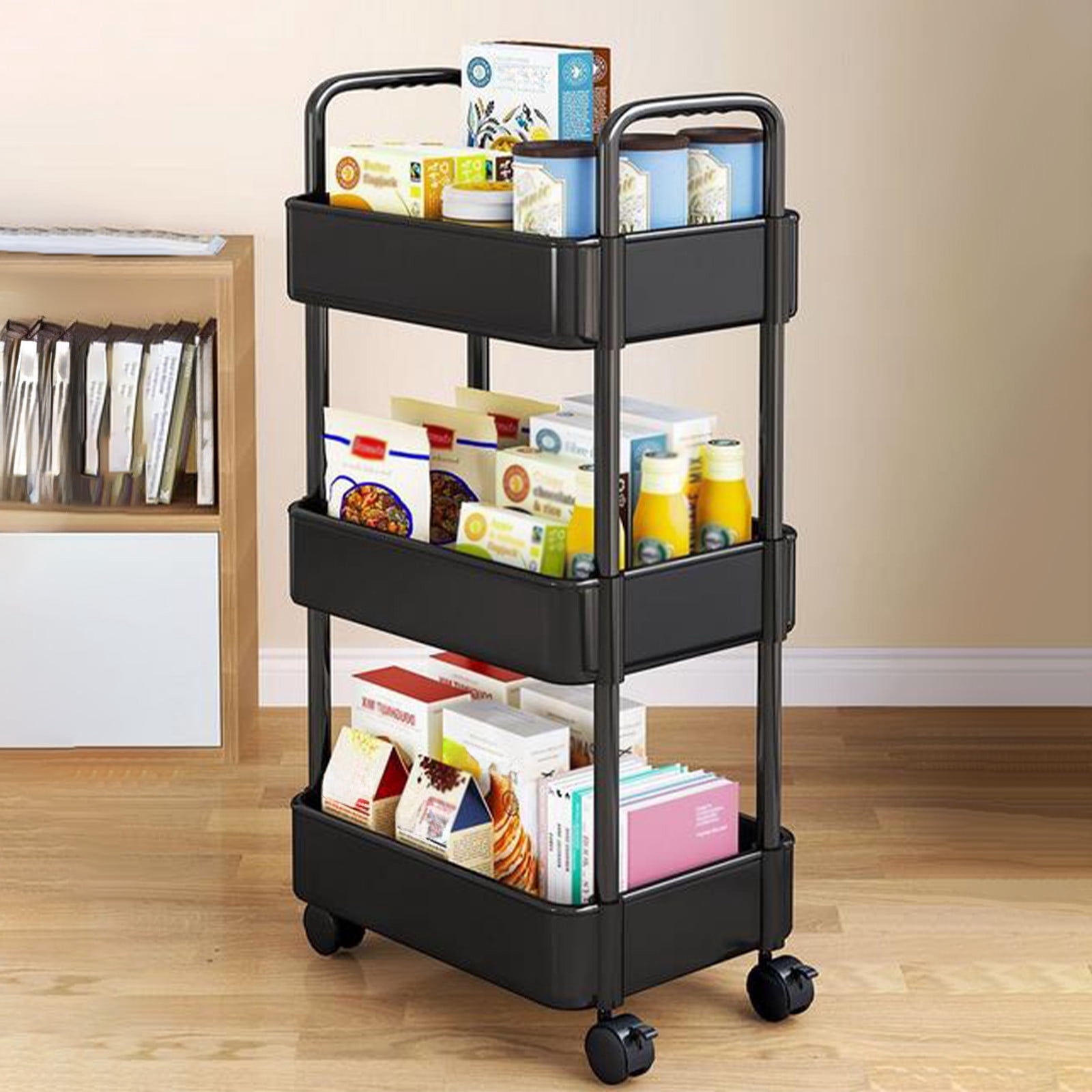 Tyidzon 3 Tier Rolling Cart, Plastic Utility Cart with Handle, Multi-Functional Storage Trolley for Office, Living Room, Kitchen, Movable Storage Organizer with Wheels Black
