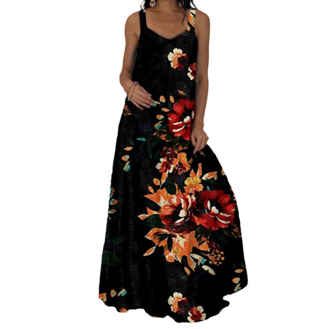 Daeful Robe Débardeur pour Femme à Imprimé Floral, Robe d'Été Évasée de Fin de Semaine à Encolure Carrée Maxi Été 17# Noir 5TG. une Robe Maxi Noire Sans Manches avec une Encolure Carrée et un Imprimé Floral vibrant dans des Tons Rouge, orange et Jaune. Fabriquée à Partir de 100 % polyester, Cette Robe Est Conçue pour des occasions Décontractées, de Vacances Ou de Plage. le style Évasé et le Tissu Respirant Offrent Confort et Élégance pour le Printemps et l'Été.