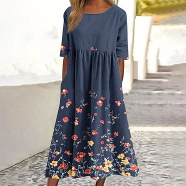 Weiqiqre Robe Athlétique pour Femmes Dames Tendance à Manches Courtes Mode avec Poche Plage Été Robe Évasée à Imprimé Floral pour Femmes