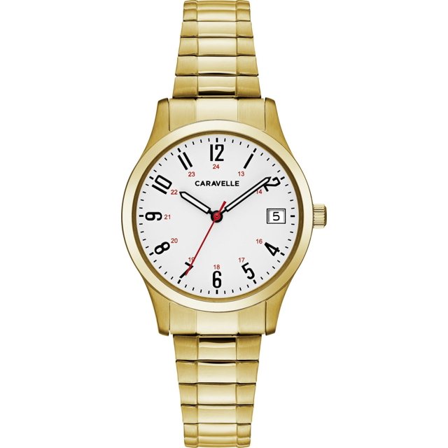 Caravelle Montre à Quartz pour Femme Ton Or avec Boîtier en Acier Inoxydable Ton Or et bracelet Extensible Coupe Confort. le Cadran Blanc Présente des Chiffres Noirs avec des Chiffres Rouges de 24 Heures, Mouvement à Quartz à Trois Aiguilles Incluant une Trotteuse Rouge et un Guichet date à 3 Heures. Idéal pour le Quotidien avec un design Analogique Intemporel.