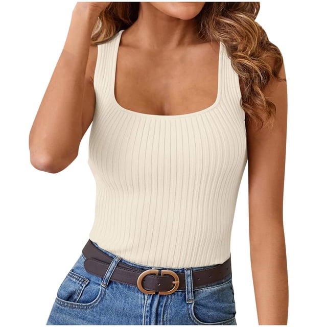 AherBiu Ribbed Tank Tops for Women Summer Casual Ribbed Knitted Camis Slim Fitted Sleeveless Round Neck Tops