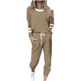 thumbnail image 1 of Posijego Ensemble Femme 2 Pcs Tenue Rayée Décontractée Manches Longues Col Ras du Cou Hauts Pantalons à Cordon Ensembles Détente P-5TG, 1 of 5