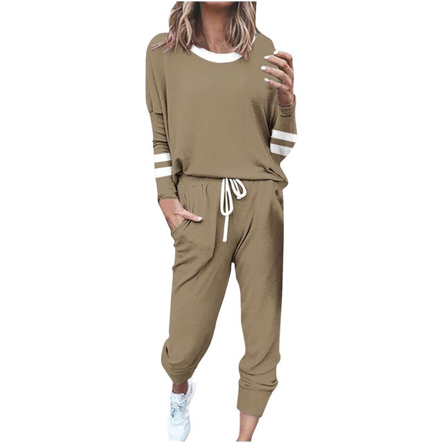 Posijego Ensemble Femme 2 Pcs Tenue Rayée Décontractée Manches Longues Col Ras du Cou Hauts Pantalons à Cordon Ensembles Détente P-5TG