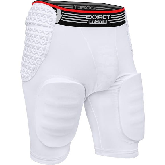 Exxact Sports Rebel 5-Pad Adult Football Girdle for Men with Integrated Hip, Thighs, Tailbone Pads, Padded Compression Shorts, Mens Girdle Football with Cup Pocket (White, AXL)