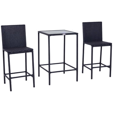 Outsunny Ensemble de Bar de Patio en Osier 3 Pcs, Ensemble de Bar d'Extérieur en Rotin PE avec Table Haute à Dessus en Verre, 2 Chaises à Dossier Haut avec Repose-Pieds pour Cour Arrière, Balcon, Jardin, au Bord de la Piscine, Noir