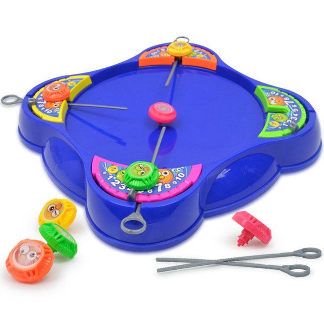 Battle Top Game Interactive Spinning Top Toy Set with a multicolour plastic battle top stadium measuring 30 cm in diameter and 5 cm in height. The set includes 4 spinning tops in vibrant colours, each 3 cm in diameter and 2 cm in height, and 4 string launchers, each 6 cm long with a 2 cm diameter pulling ring. The image shows the blue stadium with spinning tops and launchers arranged for interactive play.