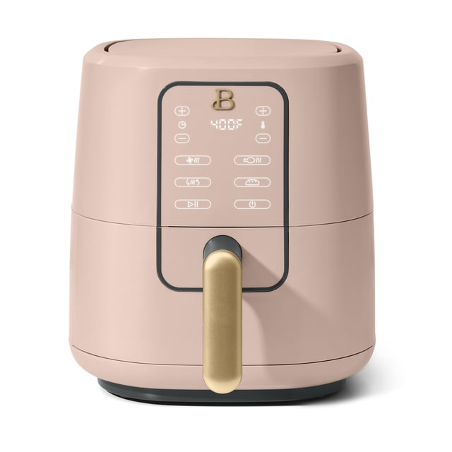 Beautiful 3Qt Air Fryer with TurboCrisp Technology by Drew Barrymore in soft matte pink finish, front-facing with digital touch display set to 400°F, gold-tone handle, compact 3-quart capacity ideal for small kitchens and fast, even cooking with four presets.