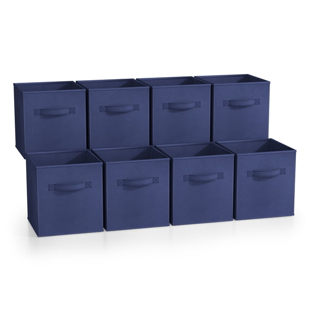 Sorbus Fabric Storage Bins 11" Foldable Cubes with Handles, displayed in a set of 8 in a deep blue colour. These collapsible bins, measuring 10.5" L x 10.5" W x 11" H, are perfect for organizing toys, books, clothes, and office supplies. Made of nonwoven polypropylene and cardboard, they feature sturdy handles for easy transport and complement cube storage organizer shelves. Suitable for desk organizers, closets, and nurseries.