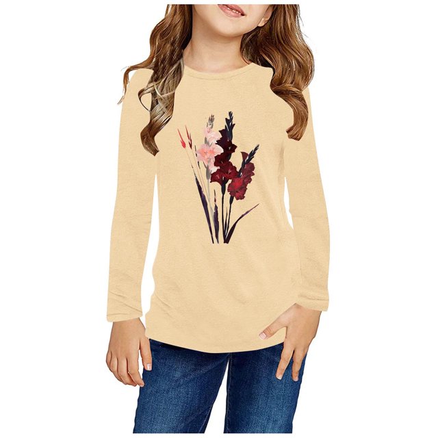 RXIRUCGD Chemises à Manches Longues pour Filles, Col Rond Mignon, Blouses Décontractées Élégantes (Beige, Taille : 7 Ans)
