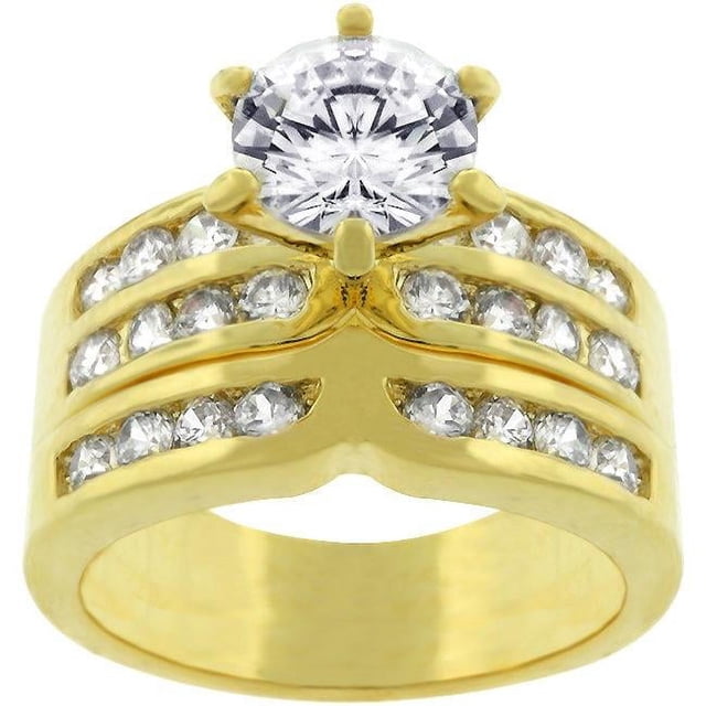 Precious Stars R07524G-C01-09 Precious Stars Goldtone Round-Cut Cubic Zirconia Engagement Ring Set