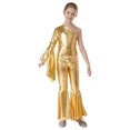 thumbnail image 3 of MSemis Girls Hippie Jumpsuit One Shoulder Flared Long Sleeve Bell-Bottom Pants Wide Leg Romper Disco Gold 6, 3 of 7