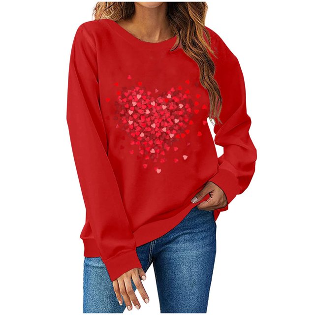 Chemise de Saint-Valentin pour Femmes 2024 Col Rond Chemises Décontractées Cœur d'Amour Graphiques Tees Manches Longues Amples Pull Tops Mode Vacances T-Shirt
