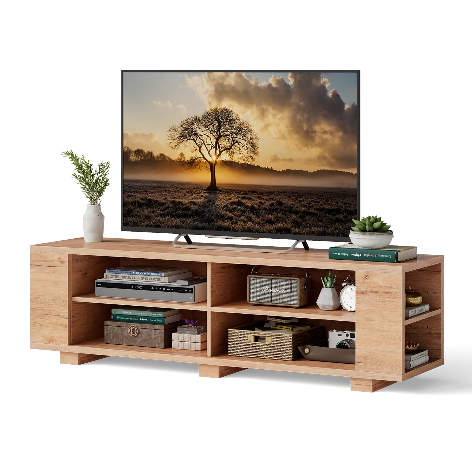 Costway Meuble TV en Bois de 59 po, Console de Rangement, Centre de Divertissement Médias avec Étagère, Naturel