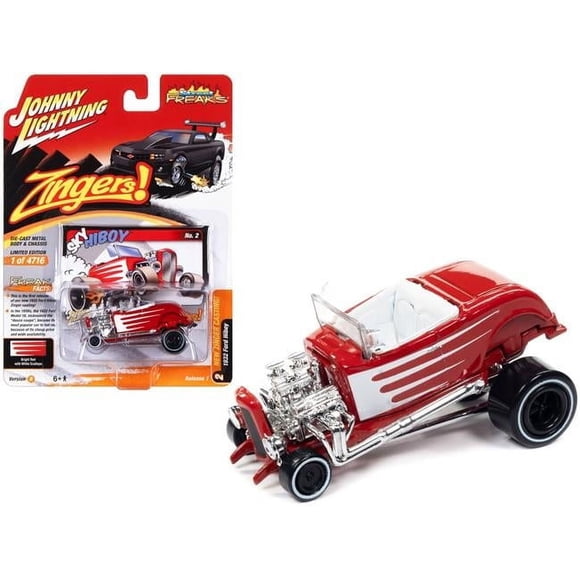1932 Ford Hiboy « Sky Hiboy » Rouge Vif avec Graphiques Blancs « Zingers! » Édition Limitée à 4716 Pcs dans le Monde Série « Street Freaks » Voiture Miniature Moulée sous Pression 1/64 par Johnny Lightning