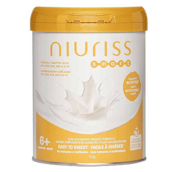 Préparation pour nourrissons Niuriss Smart (6 mois et plus), avec 2’-FL (HMO), DHA, OPO et GOS, enrichie en calcium et en phosphore – Fabriquée au Canada avec du lait canadien, 700 g