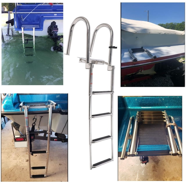 Ladder 4 Step Boat Pontoon Ladder 316 Stainless Steel Anti Slip Folding Telescoping Deck Ladder with Pedal Hand Railing for Swimming Pool Marine