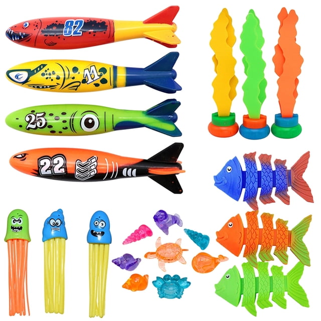 Underwater Swimming Pool Diving Toy Set 21Pc With Bone Fish For Kids Summer Water Games Sinking Pool Toys With Rings Sticks Seaweed Torpedo Robbers Parent-Child Interaction Toys 0.44 Lbs