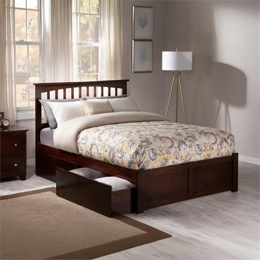 Mission Full Wood Platform Bed with Footboard and Storage Drawers in Walnut