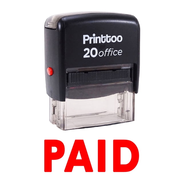 Printtoo Stamp PAID Self Inking Rubber Stamp Office Stationary-Red. A compact black self-inking rubber stamp designed for office stationary use, featuring the text 'PAID' in bold red letters. Includes a single-sided ink pad with an approximate impression area of 14 mm x 38 mm. Pre-inked for thousands of impressions and re-inkable.
