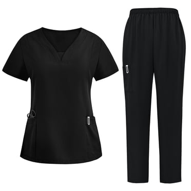 HaiMao Women's Cool Stretch V-Neck Top and Cargo Pant Scrub Set on Clearance Black M(M)
