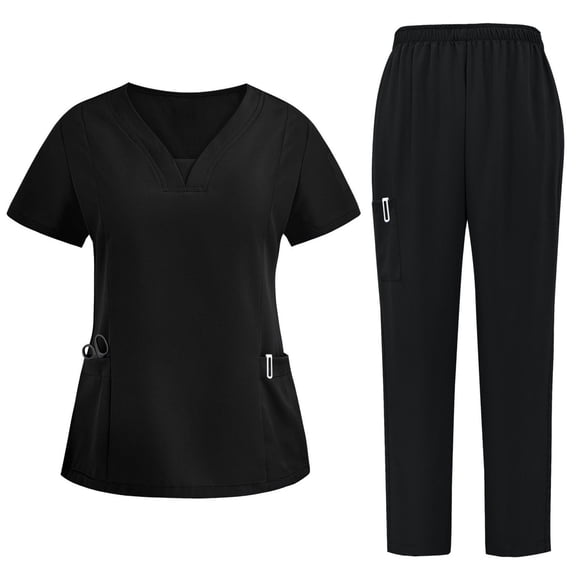 HaiMao Women's Cool Stretch V-Neck Top and Cargo Pant Scrub Set on Clearance Black M(M)