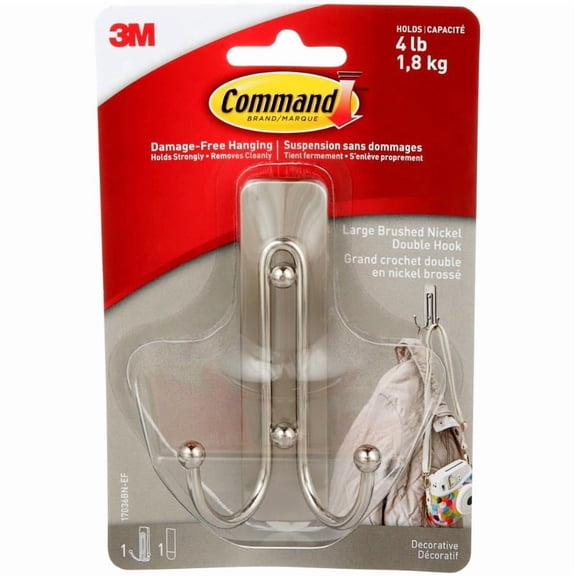 Command Large Double Wall Hooks, Brushed Nickel, Damage Free Decorating, 1 Hook