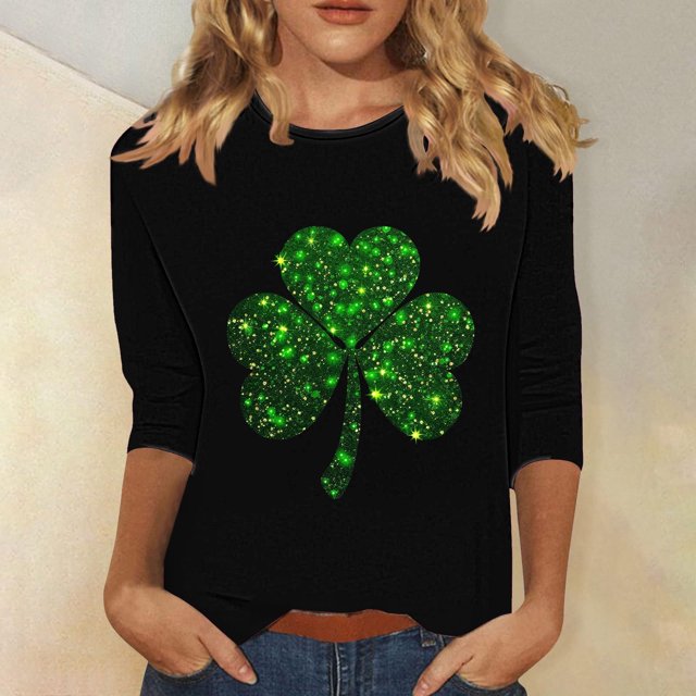 Meichang Chandails de la Saint-Patrick pour Femmes, Hauts à Col Rond pour les Fêtes, T-Shirts Graphiques Irlandais Porte-Bonheur, T-Shirts Graphiques à Manches 3/4 avec Trèfle St Patricks Day Clearance