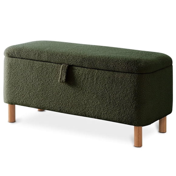 Banc Ottoman de Rangement en Bouclé de 39,5 Pouces pour Salon Chambre Repose-Pieds Pied de Lit Pied en Bois Vert