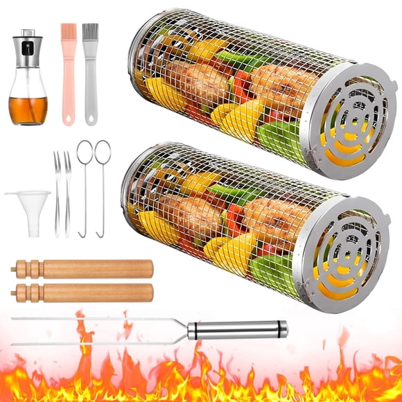 2 Pcs Paniers Roulants pour Grill Barbecue Extérieur, Accessoires de Gril Barbecue en Maille Cylindrique en Acier Inoxydable, Panier de Gril Rond pour Barbecue Extérieur en Acier Inoxydable Grille de Gril pour Feu de Camp