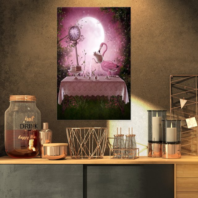 Fantasy Garden with a Flamingo - Modern Landscape Wall Art Canvas