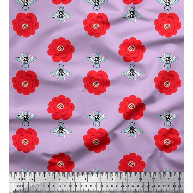 Soimoi Rayon Crepe Fabric Floral & Bee Insects Decor Fabric Printed Yard 46 Inch Wide