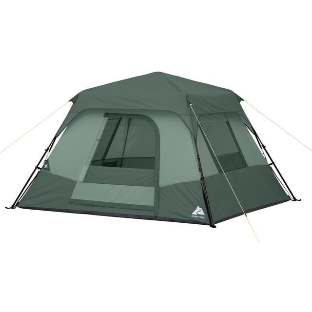 Ozark Trail Tente Cabine Instant pour 4 Personnes en Vert avec Mâtx Pré-Assemblés et Haubans Jaunes, Présentant un design Cabine Spacieux avec Quatre Fenêtres en Treillis, Porte à Glissière, Double-Toit Amovible, Accès au Cordon Électrique et Revêtement Résistant à l'Eau de 1 200 mm, Mesurant 8 par 7 Pieds avec Hauteur de 54 Pouces, Idéal pour le camping en Famille et une Installation Rapide.
