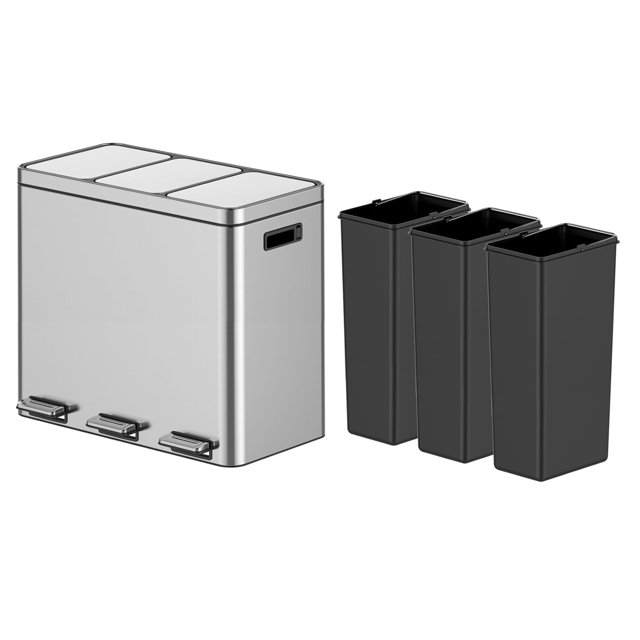 2 x 4-Gallon Garbage Can for Kitchen, 2 Compartments for Recycling and Trash, Plastic Inner Buckets and Hinged Lids, Wide Stainless Steel Shape (15 + 15 for 30L Total), Silver