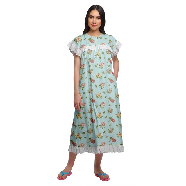 Moomaya Chemise de Nuit d'Allaitement à Col Rond Imprimée pour Femmes en Coton