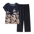 thumbnail image 1 of Mikilon Ensemble Élégant pour Femmes 2 Pcs Coton Lin Costume Deux Pièces Manches Courtes Col Rond Haut Imprimé Pantalon Ensemble Bleu Foncé-B L, 1 of 3