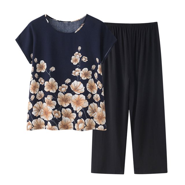 Mikilon Ensemble Élégant pour Femmes 2 Pcs Coton Lin Costume Deux Pièces Manches Courtes Col Rond Haut Imprimé Pantalon Ensemble Bleu Foncé-B L