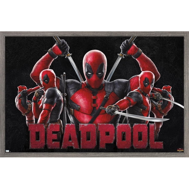 Marvel Deadpool & Wolverine - Deadpool Wall Poster, 14.725" x 22.375" framed wall art featuring a centered Deadpool in red and black costume holding crossed swords behind his head, flanked by four dynamic Deadpool poses wielding swords and guns on a textured black background with bold red 'DEADPOOL' text below, suitable for bedroom or office decor.