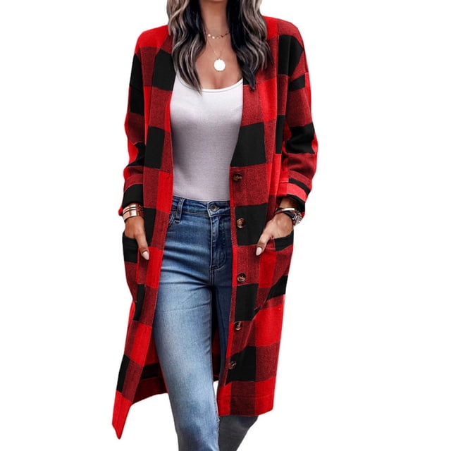Cropped Cardigans for Women Fashion Button Plush Tops Plaid Print Loose Cardigan With Pocket Coat Jacket on Clearance