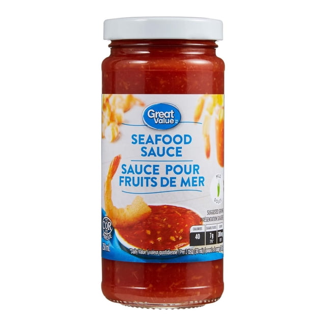 Great Value Seafood Sauce in a 250 mL clear glass jar with a white lid, labeled in English and French, showing a shrimp dipped in red sauce, ideal for fresh dips and spreads in deli and prepared meals.