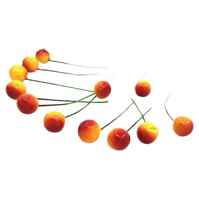 MesaSe 48PCS Small Artificial Fruit Berries with Stem Fake Flowers Cherry DIY Craft Accessory (Yellowish Red)