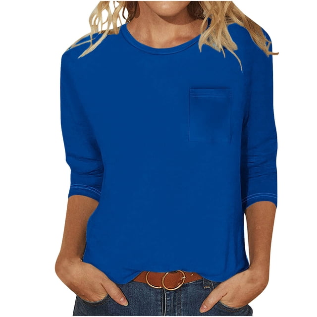 FAIWAD Womens 3/4 Sleeve Tunic Tops Solid Color Round Neck Shirt Soft Lightweight Loose Top with Chest Pockets