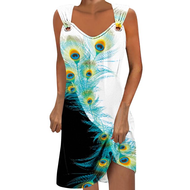 Penkiiy Robes de Printemps pour Femmes 2024 Décontractées Imprimées Amples Couleur Unie Col Rond Tempérament Élégantes Robes Dos Nu L Multicolore