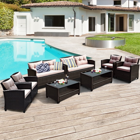 Costway Ensemble de Meubles d'Extérieur en Rotin 8 Pcs Canapé Coussiné avec Accoudoirs et Table