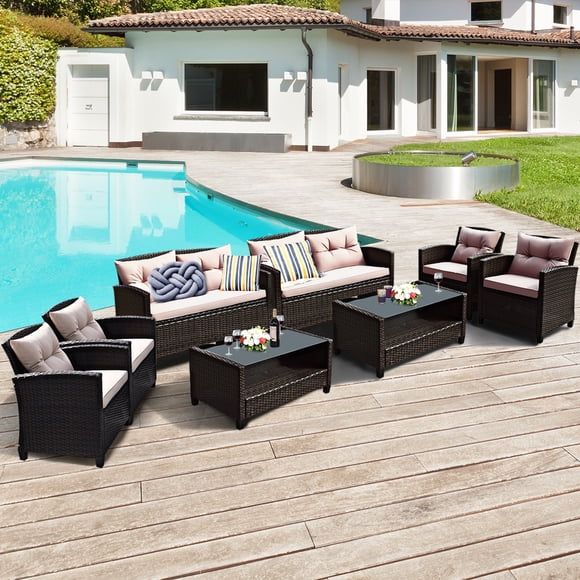 Costway Ensemble de Meubles d'Extérieur en Rotin 8 Pcs Canapé Coussiné avec Accoudoirs et Table