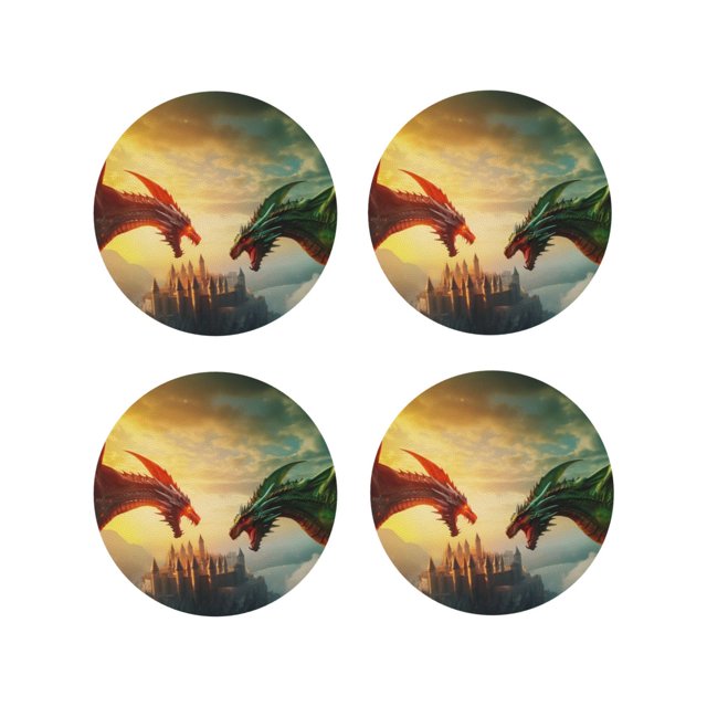 Vsdgher Castle Red Green Sky Dragon Print Leather Coasters for Drinks, Durable Drink Coasters 4 Set for Tabletop Protection, Luxurious Home Décor and Housewarming Gift-Round Shape